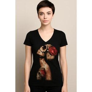 Infamous Womens XS V-Neck Graphic Tee Sugar Skull Rose Day of the Dead Black USA